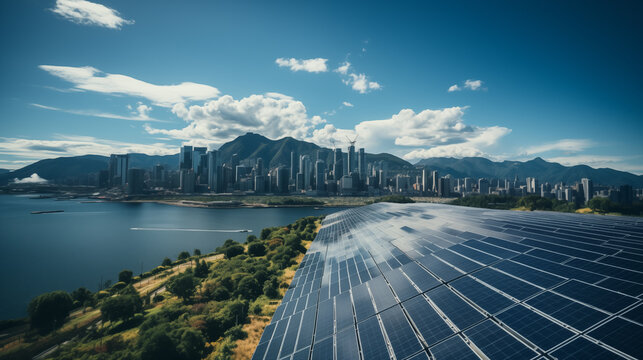Solar panels large size The background is a city surrounded by mountains of  green Energy from wind turbine systems, renewable energy, reducing electricity use, saving energy sustainable. drone view.