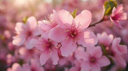 a bunch of pink flowers that are blooming on a tree in a field of pink flowers, with the sun shining in the background.