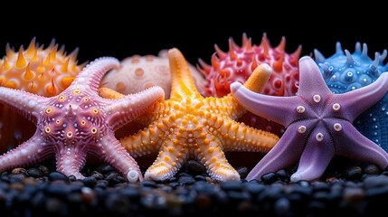 a group of starfishs sitting next to each other on top of a bed of black rocks on a black background.