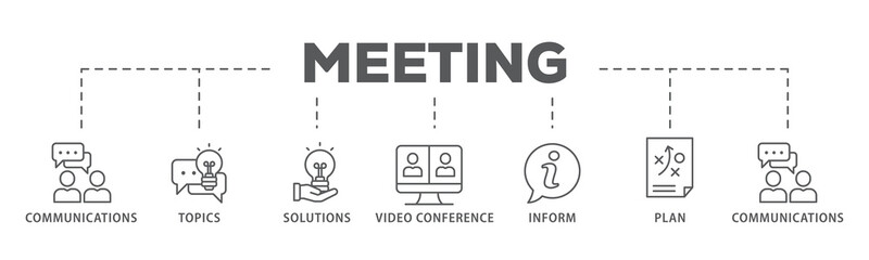 Meeting banner web icon illustration concept  business meeting and discussion with communications, topics, solutions, plan, inform and video conference icon - obrazy, fototapety, plakaty
