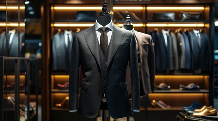 Mannequin suit in modern boutique, luxury men's clothing store sign
