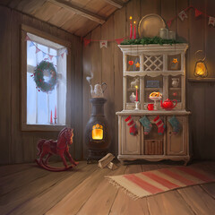 Realistic illustration of a cozy rustic room decorated for Christmas, New Year