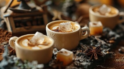 Obraz na płótnie Canvas miniature iced coffee cups, with tiny coffee ice cubes and creamy swirls, arranged on a miniature coffee shop-inspired setting