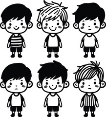 A set of hand-drawn faces or head of boys characters showcasing diversity and various emotions, perfect for visual content in psychology or education