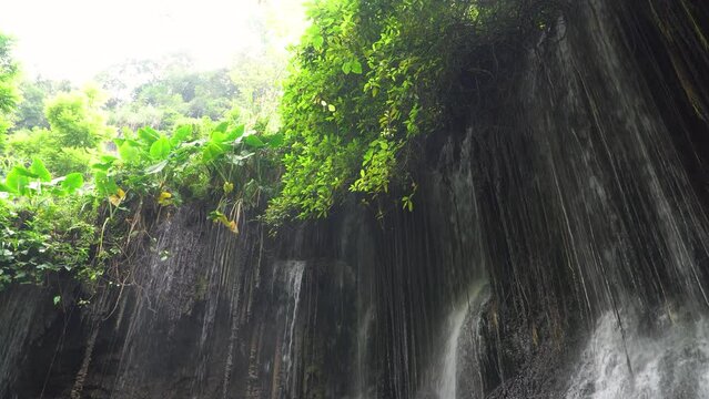 Goa Tetes waterfall. Many streams flow over the stones against the backdrop of beautiful nature. Lumajang Province, East Java, Indonesia