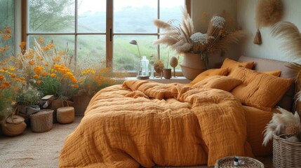 a bed room with a neatly made bed next to a window with a view of a field of wildflowers.