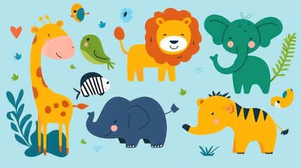 a group of animals standing next to each other on top of a blue background with plants and animals on it.