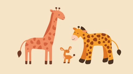 a giraffe and a baby giraffe standing next to each other in front of a beige background.