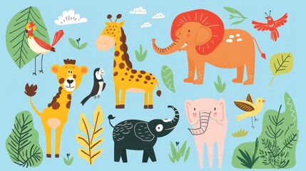 a group of different types of animals in a field with leaves and flowers on a blue background with a bird, a giraffe, an elephant, an elephant, a bird, a bird, a bird, and a bird.