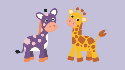 Obraz na płótnie Canvas a giraffe and a baby giraffe standing next to each other in front of a purple background.