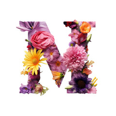 Letter M with flower elements flower made of flower 3D isolated on transparent background