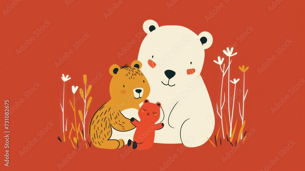 Poster a couple of bears sitting next to each other on top of a grass covered field in front of a red backg
