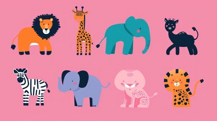 Obraz na płótnie Canvas a group of different types of animals on a pink background with a zebra, a giraffe, an elephant, a zebra, and a giraffe.