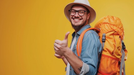 A young man smiles happily with a thumbs up and a large backpack on, ready to leave on a blue background.