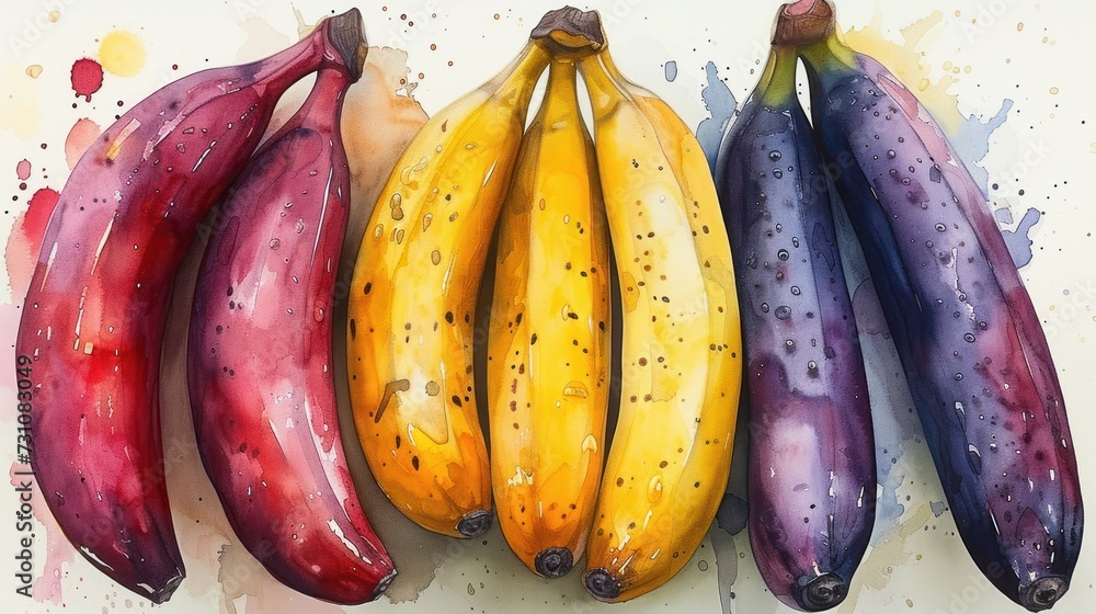 Poster a painting of a bunch of bananas in a row with watercolor splashes on the bottom of the picture.