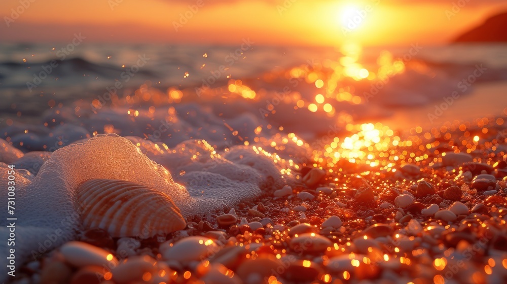 Aufkleber a close up of a seashell on a beach with the sun in the background and water splashing on the sand.