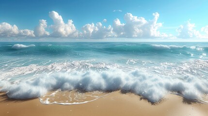 a view of a beach with waves coming in and out of the water and a blue sky with white clouds.