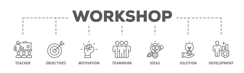 Workshop banner web icon illustration concept with icon of teacher, objectives, motivation, teamwork, ideas, solution, and development