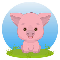 Cartoon funny pink pig sitting. Piglet in kawaii style. Kawaii style.
