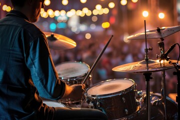 Men play drums and play concert bands for shows, shows, or parties at night. - obrazy, fototapety, plakaty
