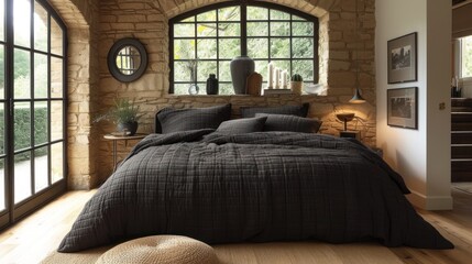 a bed room with a neatly made bed and a large window with a view of the outside of the room.