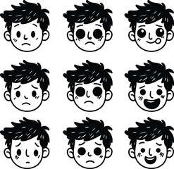 A set of hand-drawn faces or head of boys characters showcasing diversity and various emotions, perfect for visual content in psychology or education