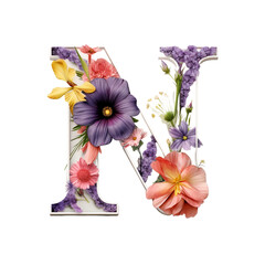 Letter N with flower elements flower made of flower 3D isolated on transparent background