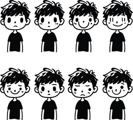 A set of hand-drawn faces or head of boys characters showcasing diversity and various emotions, perfect for visual content in psychology or education