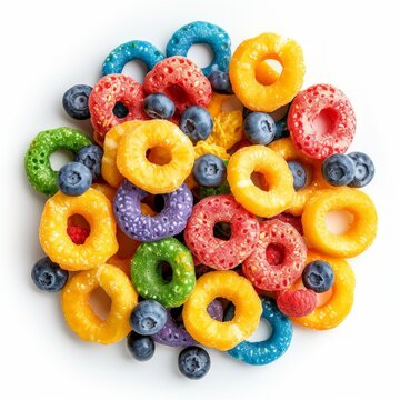 Top-down image of Fruit Ring Breakfast Cereal isolated on a white background.