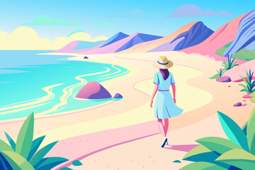 Fototapeta na wymiar female traveler in summer clothes walking on a sandy beach 