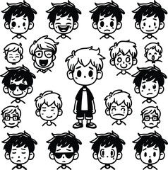 A set of hand-drawn faces or head of boys characters showcasing diversity and various emotions, perfect for visual content in psychology or education