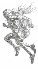 Lineart-style illustration of two figures running.
