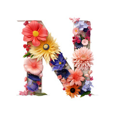 Letter N with flower elements flower made of flower 3D isolated on transparent background