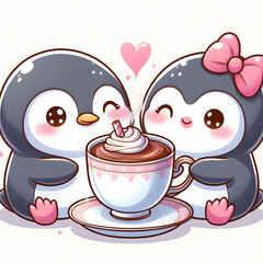 Two penguins, engaged to each other, enjoying hot chocolate together for Valentine's Day