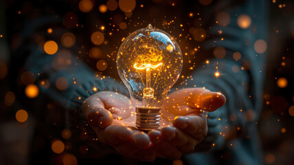 Innovation Concept - Hand Holding Illuminated Light Bulb - AI Generated