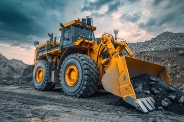 Wheel loader isolated on sky background The loader pours crushed stone or gravel from the tank. Powerful modern equipment for earthworks and bulk handling. at sunset