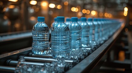 Quenching thirst and satisfying convenience, a line of plastic bottled water glides effortlessly along the conveyor belt, ready to be consumed indoors
