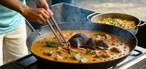 abstract, disgusting and funny, a rat as unhygienic food in a street kitchen, typical cooking of Thai curry in a large frying pan in a street kitchen as street food