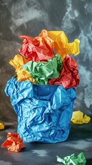 Studio photo of crumpled papers of various colors inside a waste paper basket.