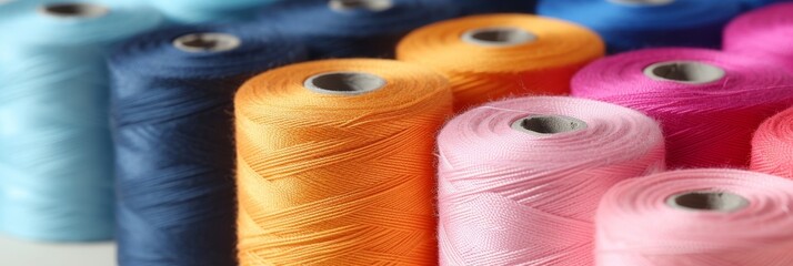 Colorful cotton threads on tailor textile fabric background with sewing threads in various colors