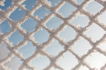 a fence net covered with frost against a blue sky background