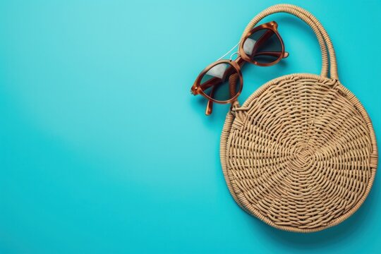 Stylish Vickers style bag and sunglasses on blue background, top view. copy space