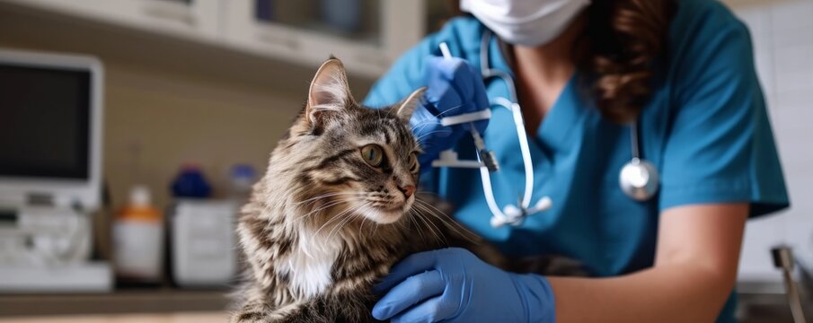 Female veterinarian administers immunization to cat. Vet in scrubs and gloves, cat on exam table.