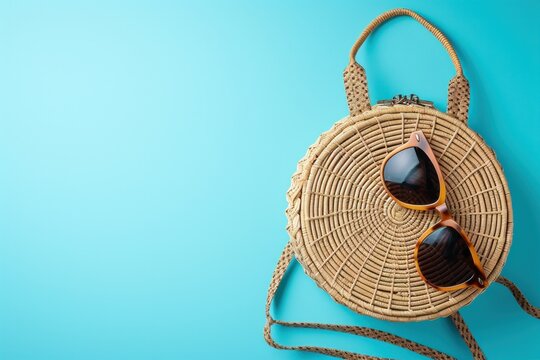 Stylish Vickers style bag and sunglasses on blue background, top view. copy space