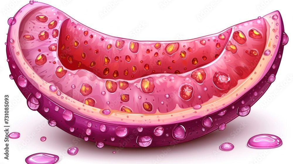 Poster a close up of a watermelon slice with drops of water on the bottom and bottom of the slice.