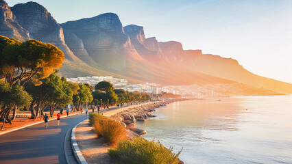 Obraz premium Scenic sunrise view of a promenade along the coast with mountains and a vibrant cityscape in the background.