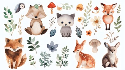 watercolor clip  cute animals and nature elements