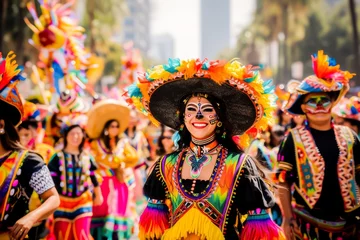 Photo sur Plexiglas Carnaval Joyful masked dancer in vibrant traditional costume at a festive carnival parade, showing culture and celebration.