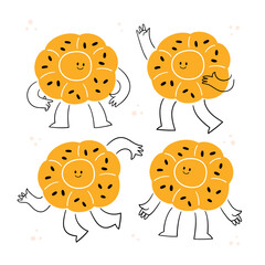 Flatbread characters with faces — cute vector illustrations. Kawaii flapjack and cartoon bread icons. Happy flatbread vector illustrations set.