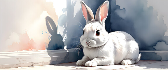 A cute white rabbit with red eyes is sitting alone. Smudged with ink. Animal illustration in watercolor style.